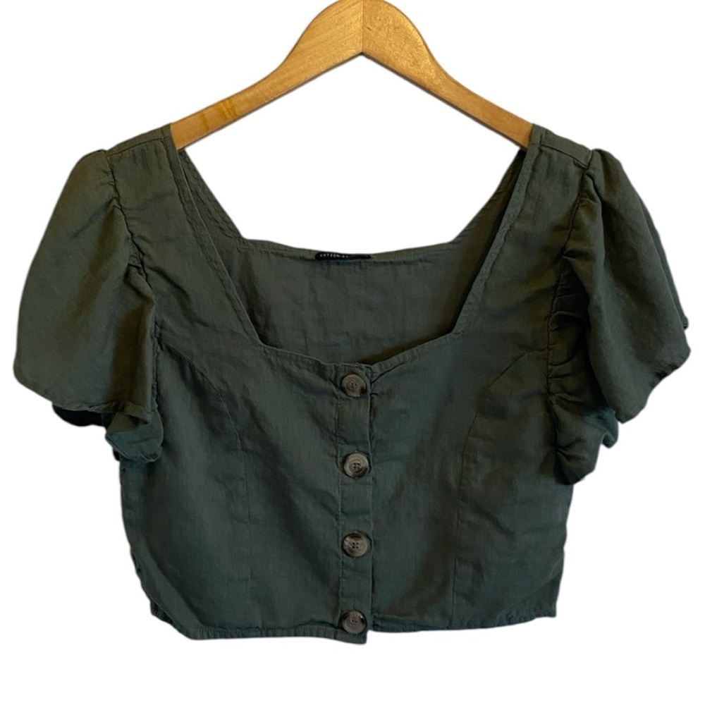 Cotton On Olive Green Button-Up Crop Flutter Sleeve Top - Picture 2 of 6
